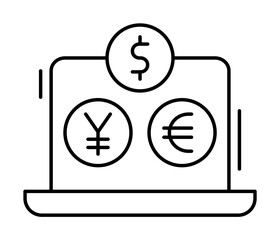 Laptop, euro, dollar, yen yuan icon. Simple line, outline elements of business and finance icons for ui and ux, website or mobile application