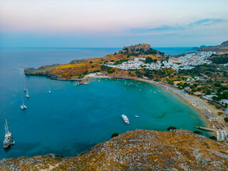 Sunset panorama of Greek town Lindos at Rhodes island