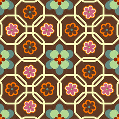 1970s Floral Pattern. Retro 70s Funky Design With Red, Orange, Pink And Brown Geometric Flowers. Groovy Mid Century Modern Seamless Patten Repeat.