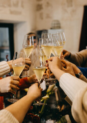 Women holding up glasses of champagne, cheering, closeup. 