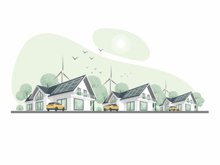 Green energy illustration. Modern eco privat houses. Houses with windmill and solar pannels. Eco Home Powered by Green Renewable and Solar Energy.
