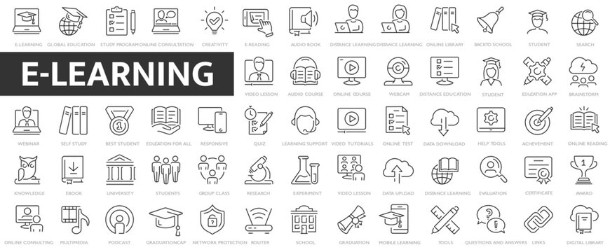 E-learning online education icons set. Electronic learning icons. 