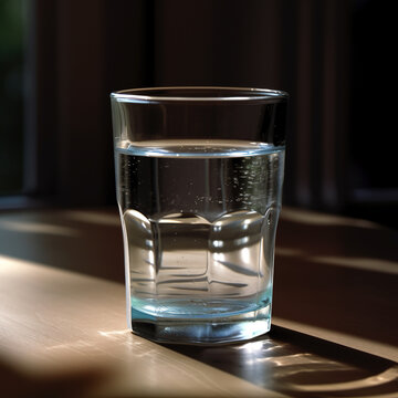 Glas mit Wasser auf einem Tisch mit Sonnenlicht im Hintergrund erstellt von einer generativen AI