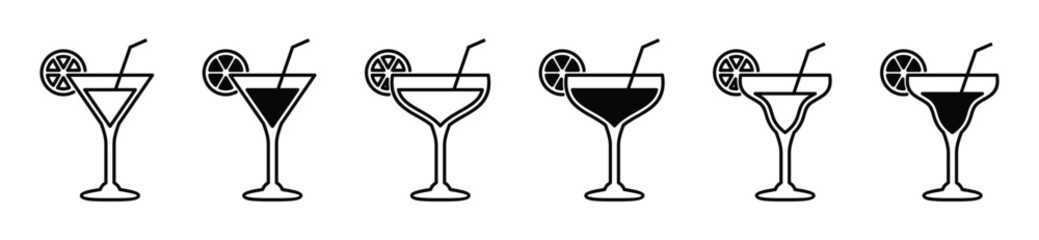 Cocktail glasses icons vector set in line and flat style. Alcohol, juice, beer, margarita, margarita, lemon drink icons with straw, vector illustration