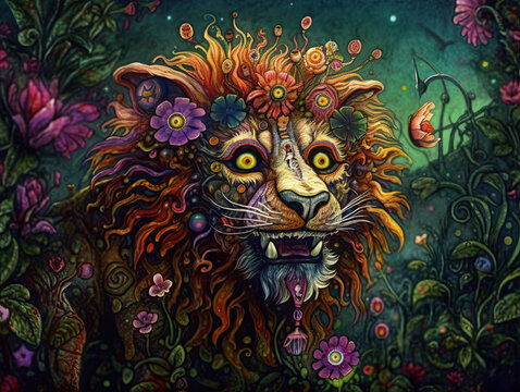 Whimsical Steampunk Lion Jungle King Colorful Flowers Floral Animal Generative AI