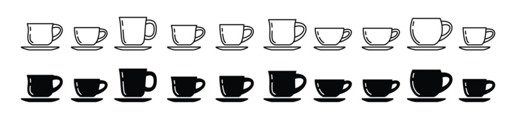 Coffee cup icon vector set in line and flat style. Coffee, tea, drinks, cocoa cup or mug sign and symbol. Vector illustration