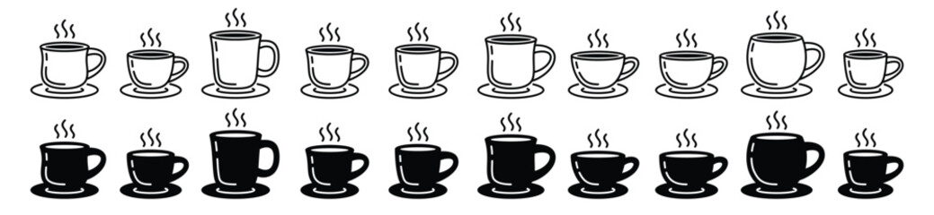 Coffee cup icon vector set in line and flat style. Hot coffee, tea, drinks, cocoa cup or mug sign and symbol. Vector illustration
