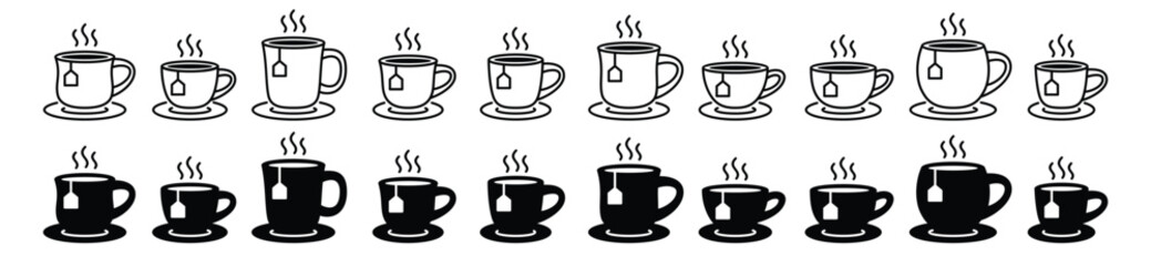 Tea cup icon vector set in line and flat style. Hot coffee, tea, drinks, cocoa cup or mug sign and symbol. Vector illustration