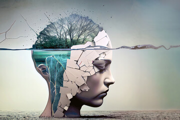 Woman's head, symbolizing the struggles and challenges faced by those experiencing depression and mental disorders. the internal darkness and pain that is often a part of these conditions Ai generated