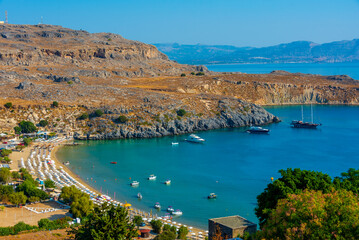 Panorama view of Lindos beach at Greek island Rhodes