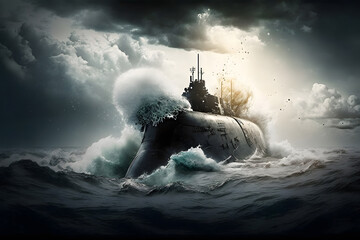 Army military Submarine move in north waters of ocean, dramatic mood. Generation AI