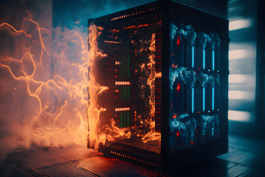 Burning server room. Data center supercomputer technology in fire. Generation AI