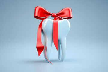 Plakat White healthy human tooth with red gift ribbon on isolated blue background. Concept dental oral health. Generation AI
