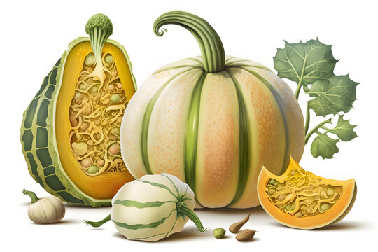 Illustration with yellow and green vegetable marrows on white background, Generative AI