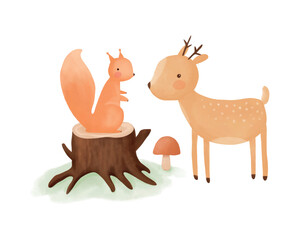 Cute Little Stag and Squirrel. Lovely Nursery Vector Art with Sweet Ginger Baby Squirrel and Funny Deer on a White Background.Hand Drawn Woodland Print ideal for Card, Wall Art, Poster.