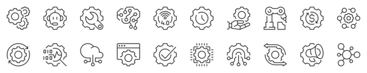 Process automation concepts, thin line icon set. Symbol collection in transparent background. Editable vector stroke. 512x512 Pixel Perfect.