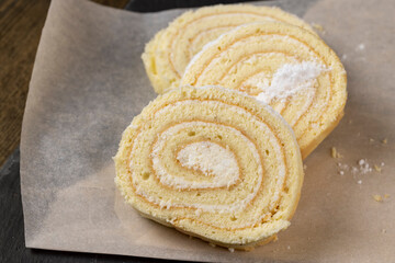 sweet dessert with cottage cheese cream and soft sponge cake