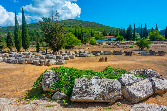 Ruins of temple of Zeus at ancient Nemea complex in Greece