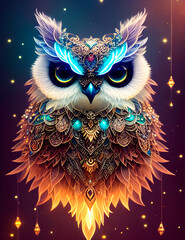 Obraz premium fantasy owl in armor, illustration of an owl in expensive royal jewelry, luxury rich aristocrat owl in oil painting style, generative ai