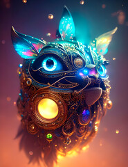 fantasy creature in magical armor, cat-like animal in richly decorated armor, general of a futuristic animal army with decorations and magical amulets, generative AI