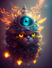 fantasy creature in magical armor, cat-like animal in richly decorated armor, general of a futuristic animal army with decorations and magical amulets, generative AI
