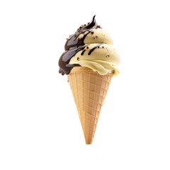 a summer-themed illustration featuring a vanilla and chocolate ice cream cone dripping set on a transparent background and provided in PNG. Generative AI
