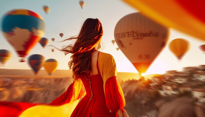 Beautiful woman in red dress standing and looking to hot air balloons in Cappadocia, Turkey. Concept travel Goreme. Generation AI - obrazy, fototapety, plakaty