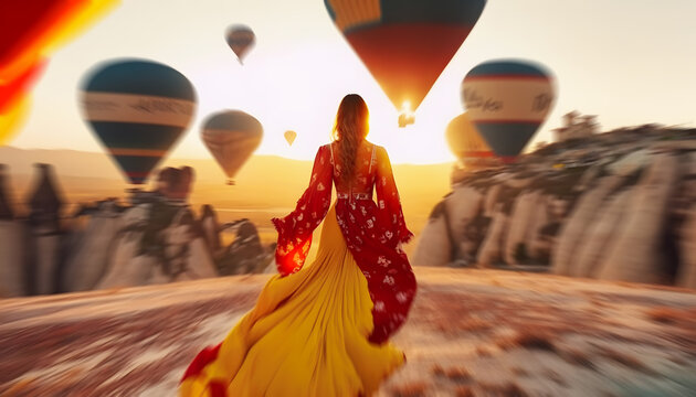Amazing view Cappadocia woman in yellow dress standing and looking to hot air balloons. Concept travel Turkey. Generation AI