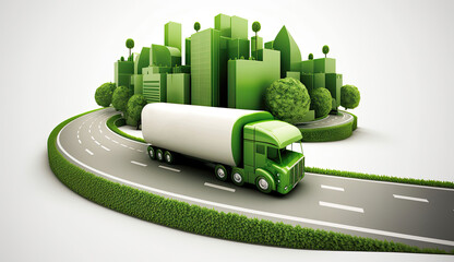 Modern green sustainable highway with truck. Generative AI - obrazy, fototapety, plakaty