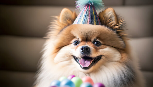 Happy dog celebrating birthday with party hat, banner balloons background. Generation AI