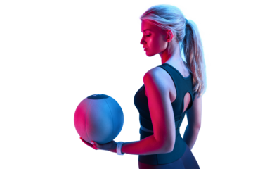 Sportswoman posing with fitness medicine ball. Isolated, creative neon vibrant color studio shot