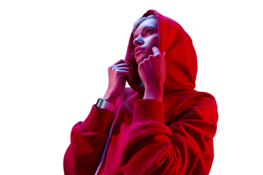 Portrait Of Sensual Young White Woman in Red Hood illuminated With Colorful Red and Blue Neon Glowing Light Isolated on White. Confident woman with a strong willpower and determination - Powered by Adobe
