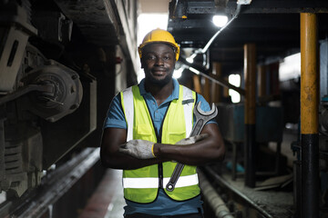 Portrait of male engineer worker maintenance locomotive engine, wearing safety uniform, helmet and gloves in locomotive repair garage. Male railway engineer use wrench repair train wheel in garage