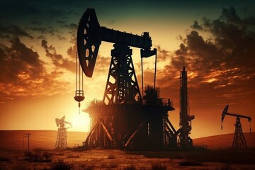 Oil field in the sunset, created with generative AI