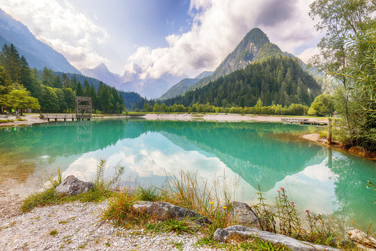 Incredible landscape on Jasna lake with beautiful reflections of the mountains.