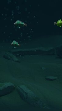  vertical video - underwater animation with fishes and bubbles , Ancient town ruins