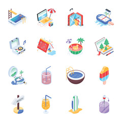 Trendy 16 Isometric Icons of Beach Holiday

