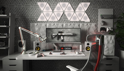 A general view of the comfortable workplace of a professional gamer and cybersprotsman. The interior is in white colors. 3D render. © Aboltin