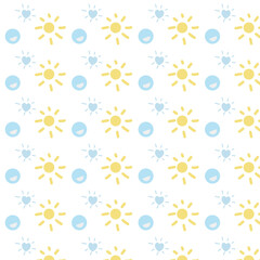 A pattern with yellow and blue sun and clouds.