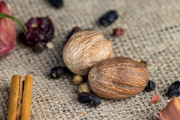 nutmeg and other spices mixed on the table