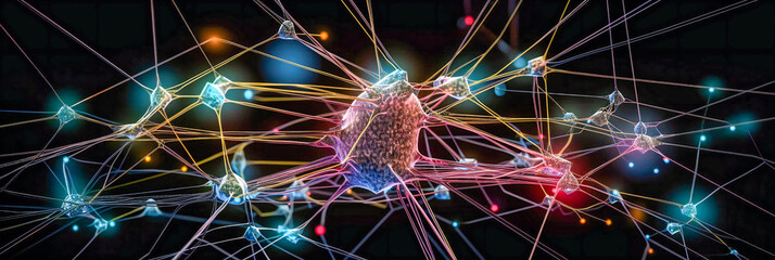 Neuronal network banner, brain cells and neurons connections. Illustration created with generative AI tools.