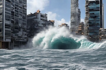 tsunami wave flood destroy city building, generative art by A.I.