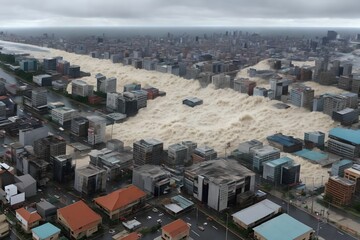 tsunami wave flood destroy city building, generative art by A.I.