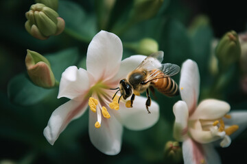 Fototapeta premium The bee pollinates the flowers. Plant decay with insects. Generative AI