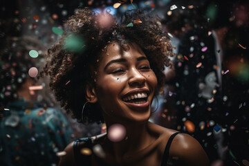 Celebrating happiness, young afro american woman dancing with big smile throwing confetti. Party, holidays and birthday concept. Generative AI