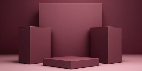 Empty podium mock up display, blank cosmetic ads stand product placement fashion ads on minimal dar red color background, pedestal mockup scene platform ai generative promotion concept.
