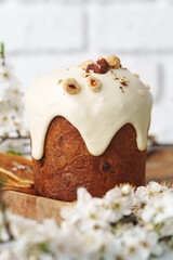 Traditional Easter cake with nuts on gray background