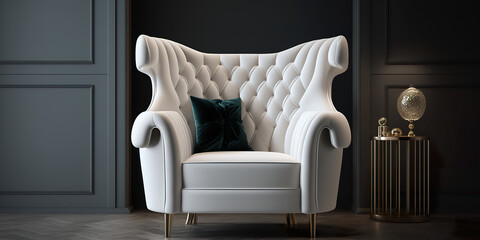 White velvet luxury armchair in living room with black cushion. Living room with white armchair. Warm and inviting atmosphere. Realistic 3D illustration. Creative AI