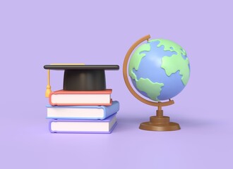 3d stack of books, graduate cap, globe. Back to school education. admission to school or university. illustration isolated on purple background. 3d rendering
