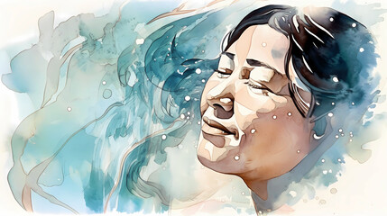 Natural beauty happy and smiling middle aged Kazakh woman smiling with eyes shut, with splashes of water, enjoying refreshing water feeeling, watercolor illustration (Generative AI) Skin and haircare  - 586275564